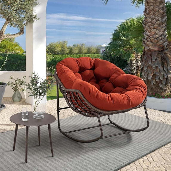 Outdoor Rocking Chair, Patio Oversized Wicker Egg Rocking Chair, Indoor & Outdoor Comfy Rocker Chair with Thick Cushion, Modern Lounge Chair for Balcony, Front Porch, Garden, Backyard, Deck, Orange