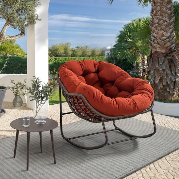 Outdoor Rocking Chair, Patio Oversized Wicker Egg Rocking Chair, Indoor & Outdoor Comfy Rocker Chair with Thick Cushion, Modern Lounge Chair for Balcony, Front Porch, Garden, Backyard, Deck