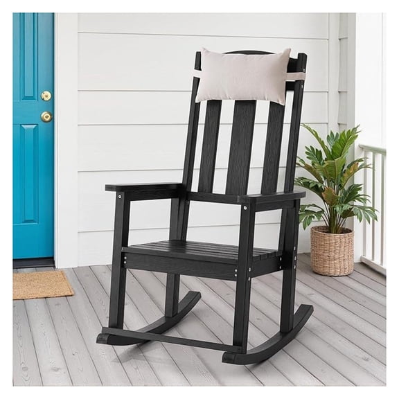 Outdoor Rocking Chair, Patio Rocking Chairs with High Back and Armrest, All Weather Oversized Porch Rocking Chairs 400 lbs Support, Black Rocking Chair with Headrest Footrest for Porch Backyard Garden