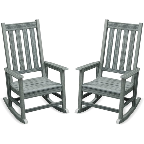 Outdoor Rocking Chair Set of 2, HDPE Oversized Patio Rocking Chairs, Weather Resistant, 350lbs Heavy Duty Porch Rocker with High Back for Backyard, Fire Pit, Garden and Indoor (Grey)
