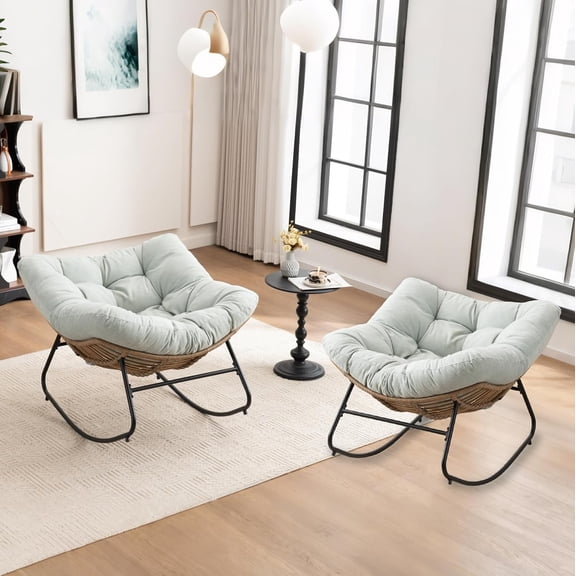 Outdoor Rocking Chair Set of 2, Papasan Rocking Chair Indoor, Chenille Oversized Recliner Egg Rocker with Cushion, Rattan Wicker Lounge for Balcony, Patio, Living Room, Lawn, Light Blue