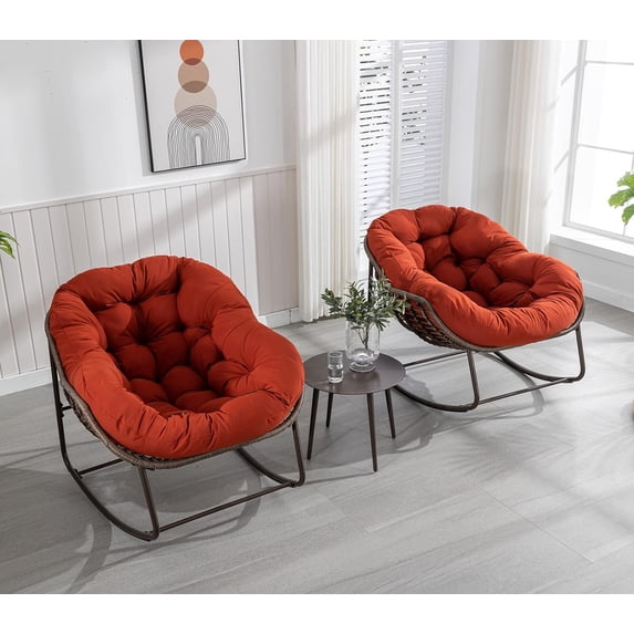 Outdoor Rocking Chair Set of 2, Patio Oversized Wicker Egg Rocking Chair, Indoor & Outdoor Comfy Rocker Chair with Thick Cushion, Modern Lounge Chair for Balcony, Porch, Garden, Backyard, Deck, Orange