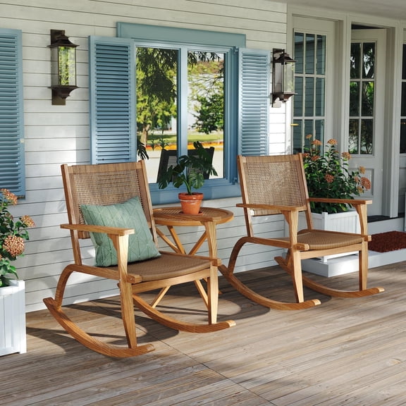 Outdoor Rocking Chair Set of 2, Patio Rocking Chair, Acacia Wood Outdoor Rockers with Wicker Rattan Seat & Backrest, for Backyard Balcony and Poolside, Natural