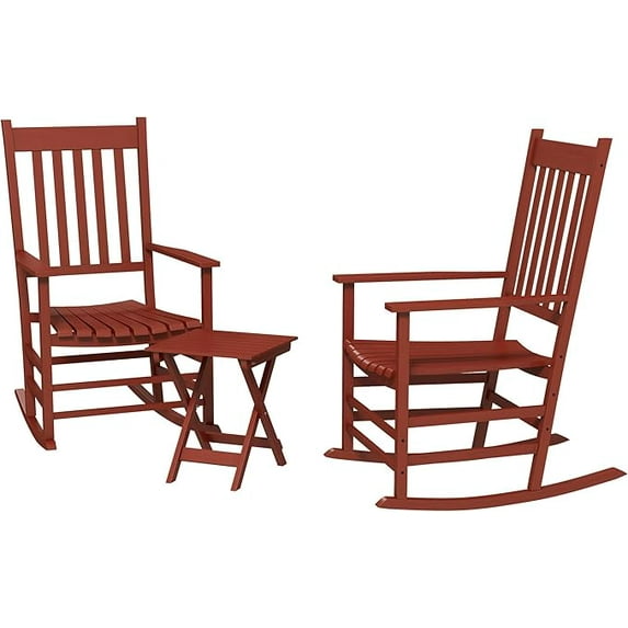 Outdoor Rocking Chair Set of 2 with Side Table, Patio Wooden Rocking Chair with Smooth Armrests, High Back for Garden, Balcony, Porch, Supports Up to 352 lbs., Wine Red