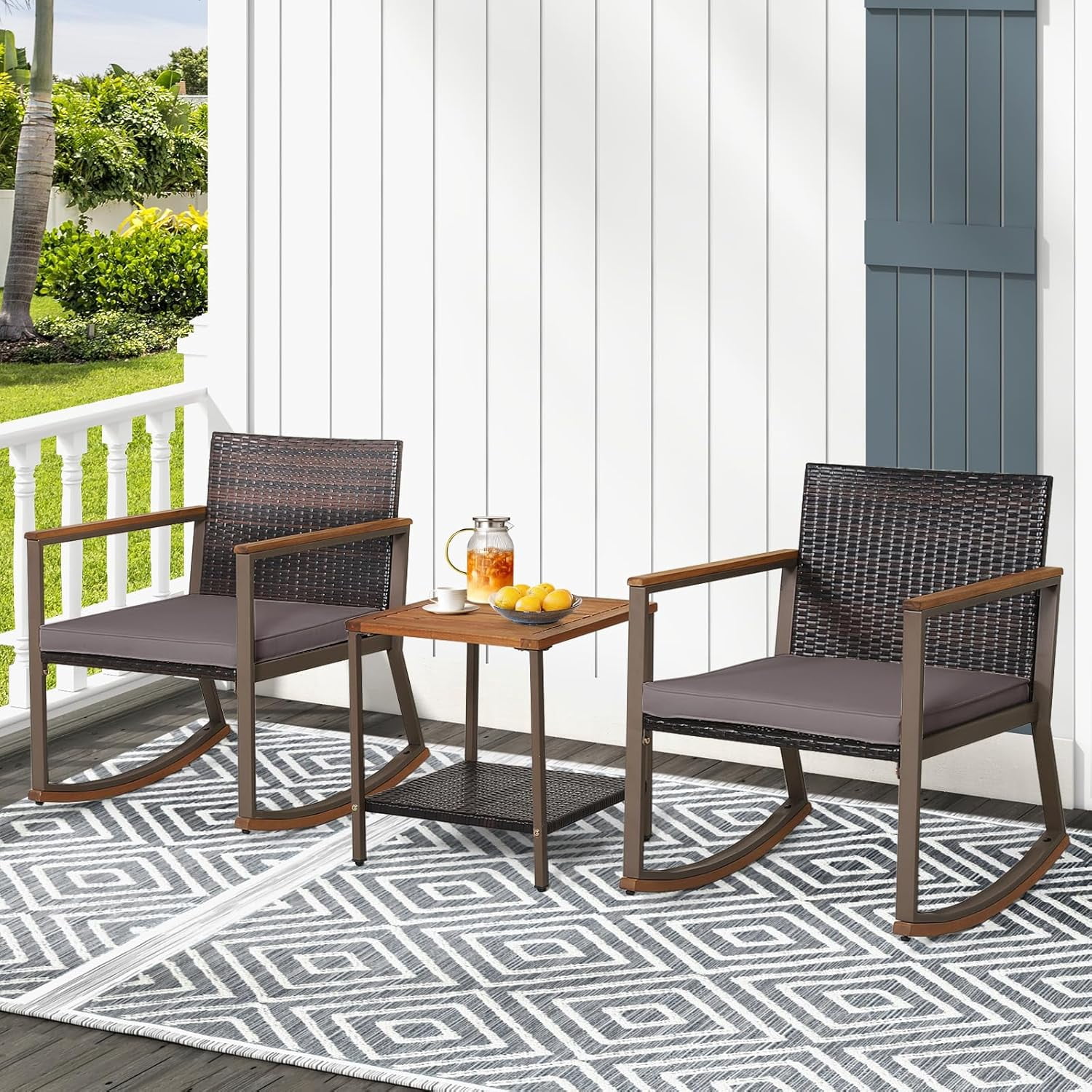 Outdoor Rocking Chair Set, 3 Pieces Patio Set Rocking Chair with Coffee ...