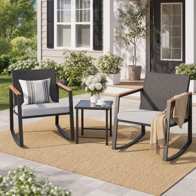 Outdoor Rocking Chair Set with Anti-Scald Wooden Armrests, All-Weather ...