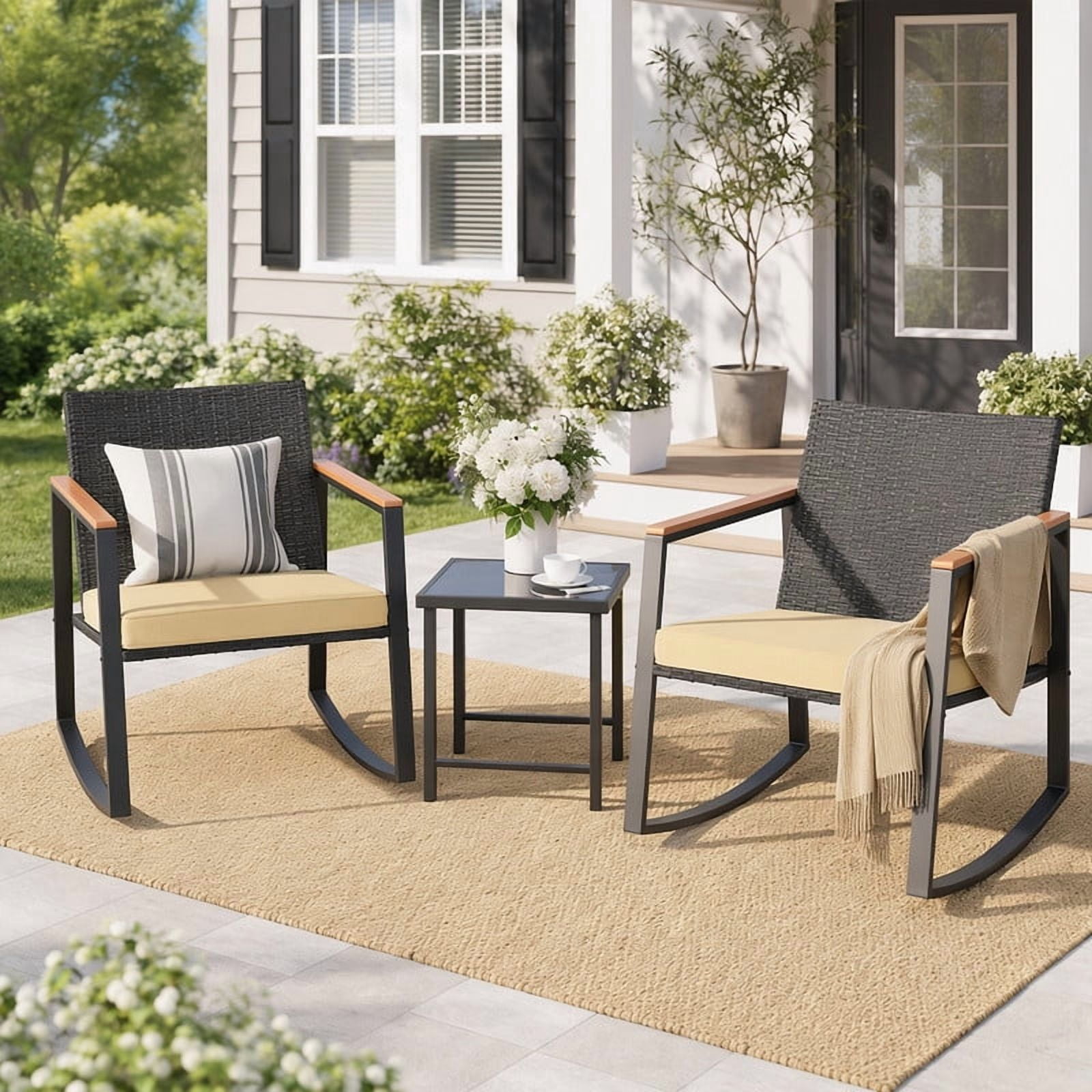 Patio Rattan Rocking Chair Outdoor Rocking Chair Set with Anti-Scald Wooden Armrests, All-Weather ...