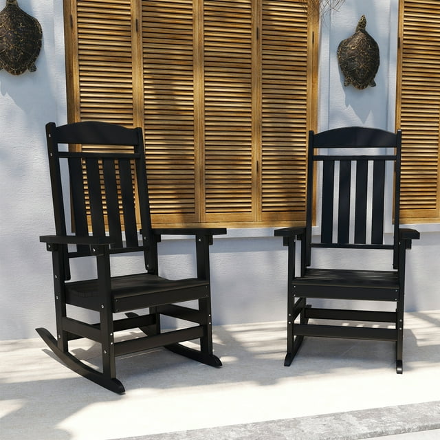 Outdoor Rocking Chair Set of 2, HDPE Plastic Porch Rocker, Black ...