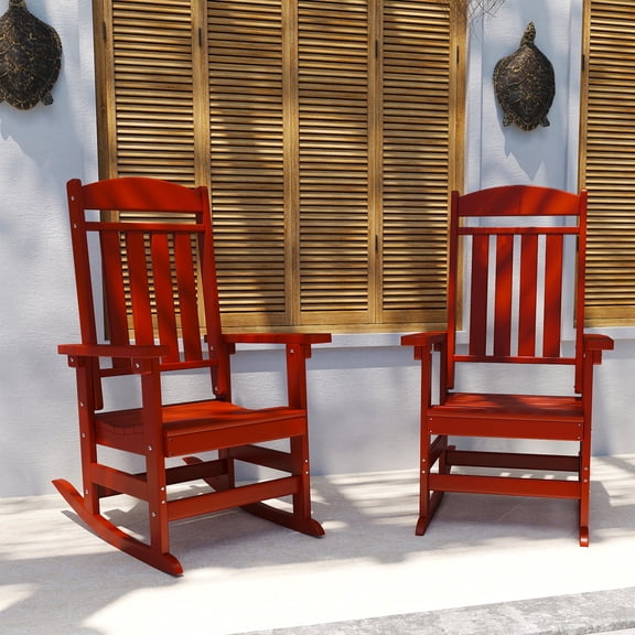 Outdoor Rocking Chair Set of 2, HDPE Plastic Porch Rocker, Red