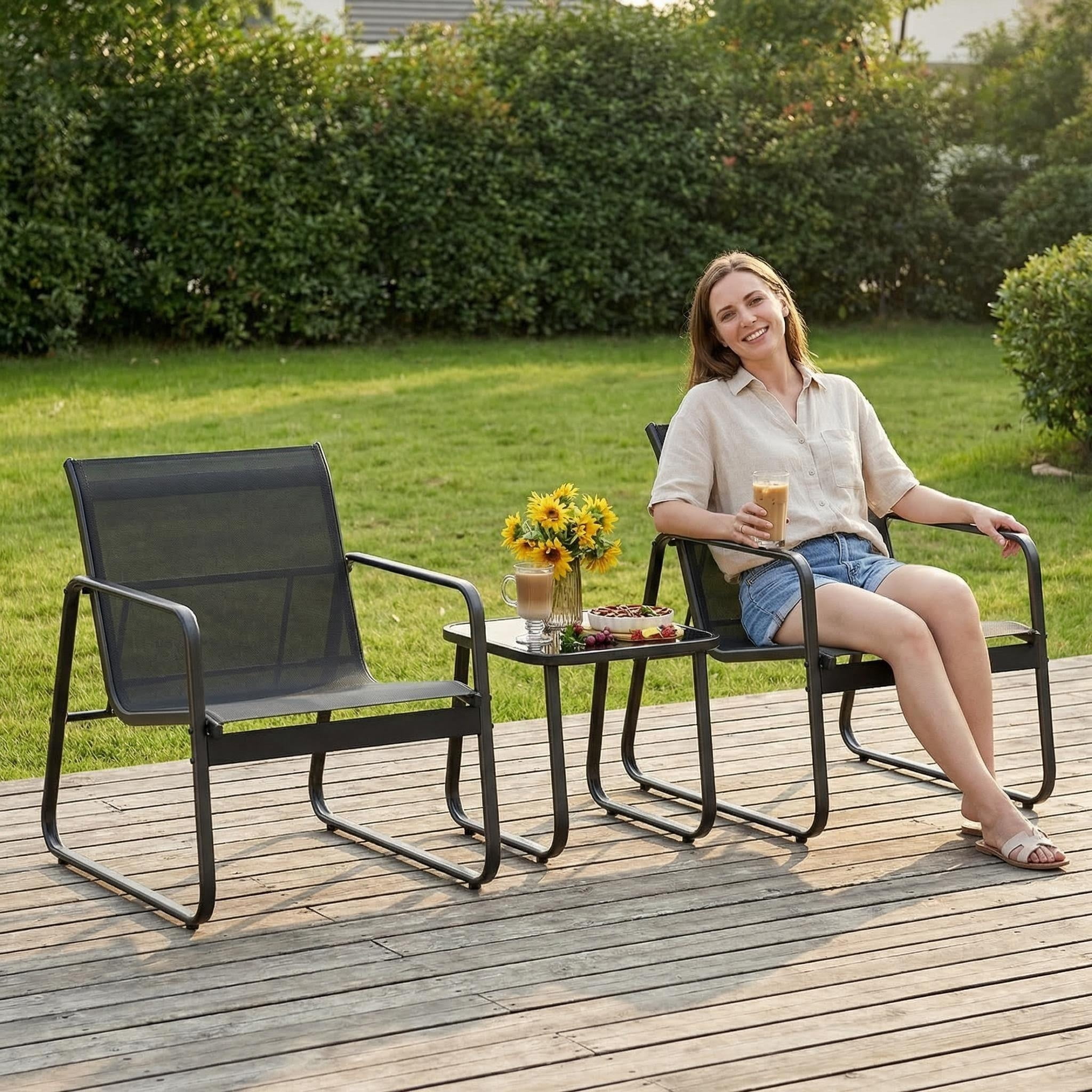 Lofka 3-Piece Patio Furniture Set with Coffee Table for Garden| Balcony| Bistro, Textilene,Black