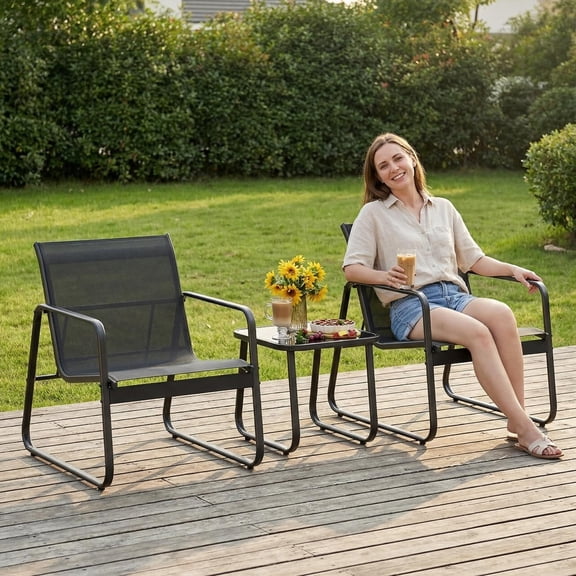 Lofka 3-Piece Patio Furniture Set with Coffee Table for Garden| Balcony| Bistro, Textilene,Black