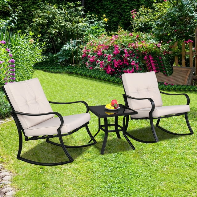 Outdoor Rocking Chair Sets Patio Furniture, 3 Piece Bistro Set with Beige Cushion Rocking Chairs and Coffee Table, Patio Rocking Chair Set for Backyard Garden, W10672