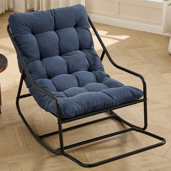 Outdoor Rocking Chair with Soft Thick Cushion, Patio Rocker for Porch, Comfortable Armless Chair with Adjustable Motion, Modern Black Frame Grey Cushion for Living Room, Bedroom (Navy Blue)