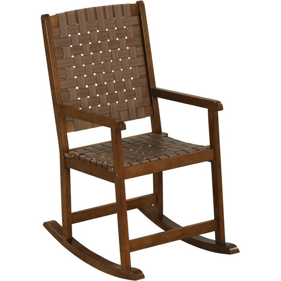 Outdoor Rocking Chair, All Weather PU Seat & Rubber Wood Frame Porch Rocker, Safe & Smooth Rocking Motion, Ergonomic Patio Rocking Chair for Garden, Lawn, Balcony, Indoor (1, Brown)