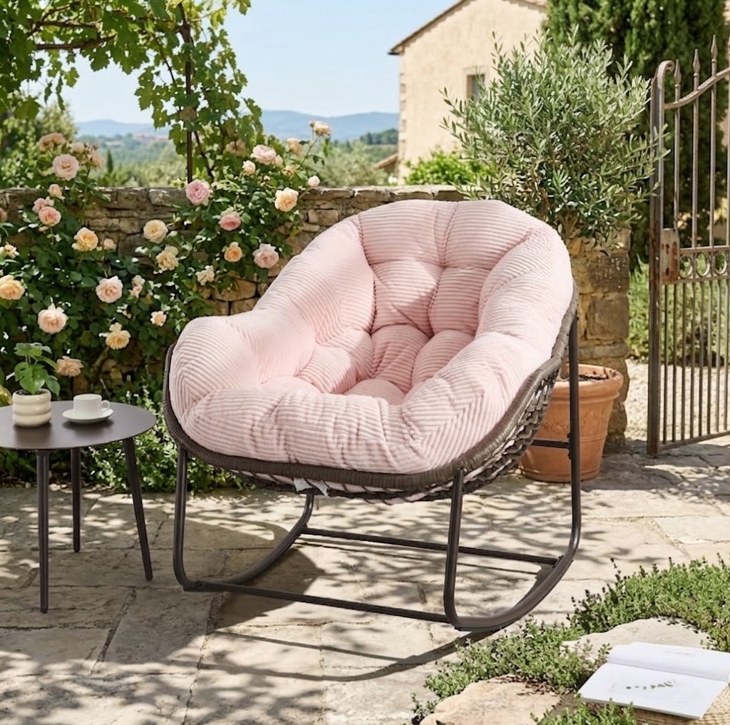 Outdoor Rocking Chair, Wicker Egg Rocking Chair Rattan Papasan Rocker with Thick Cushion