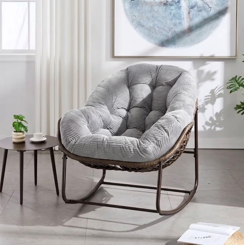 Outdoor Rocking Chair, Wicker Egg Rocking Chair Rattan Papasan Rocker with Thick Cushion