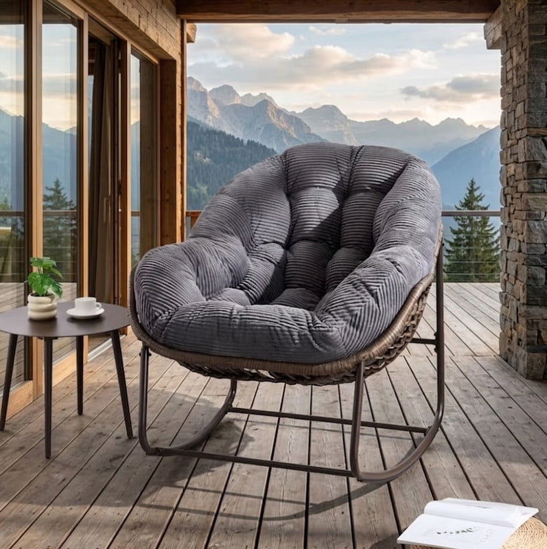 Outdoor Rocking Chair, Wicker Egg Rocking Chair Rattan Papasan Rocker with Thick Cushion