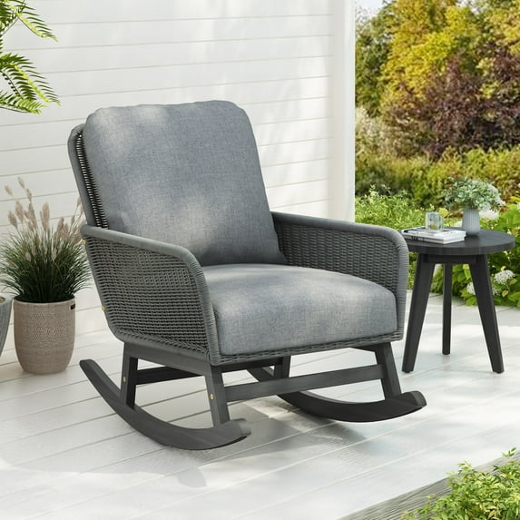 Outdoor Rocking Chair with Wicker Rattan Seat & Soft Polyester Cushions, Durable Wooden Frame Rocker for Smooth Motion, Balcony, Porch, Deck & Backyard Use, Gray