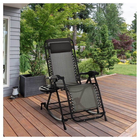 Outdoor Rocking Chair, Zero Gravity Folding Lounge Chair with Pillow, Cup Holder, Gray
