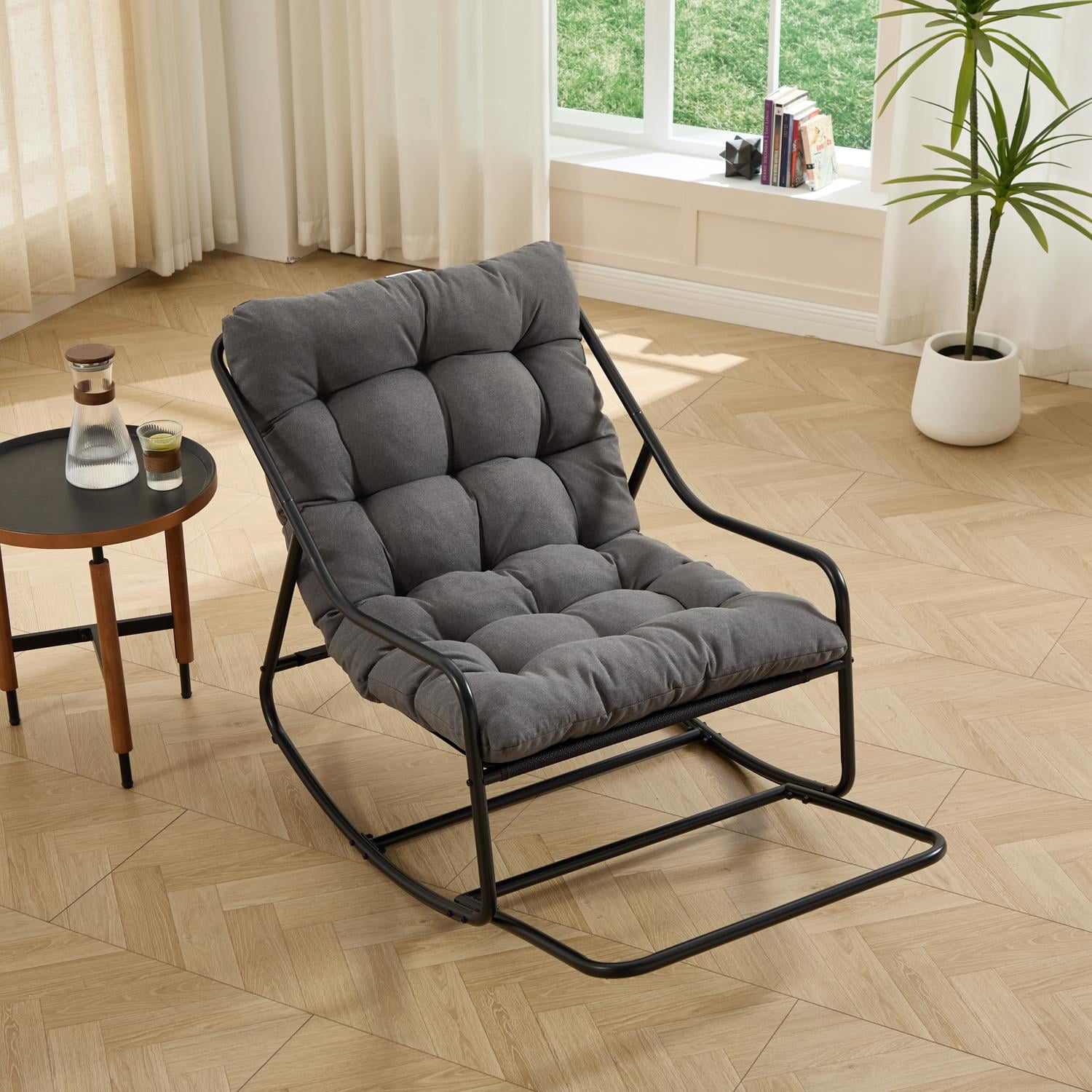 Outdoor Rocking Chair with Cushion, Patio Comfy Rocker with Thick Padding, Modern Sling Chair for Porch, Garden, Reading Nook, Black/Grey