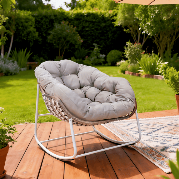 Outdoor Rocking Chair with Cushions, Large Sized and Metal Frame, Ergonomic Back Design for Garden, Porch, Patio and Various Space.