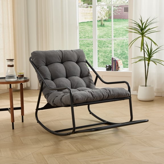 Outdoor Rocking Chair with Thick Cushion, Comfy Steel Frame Patio Rocker, Adjustable Swing for Living Room Reading Room, Black Frame, Dark Gray