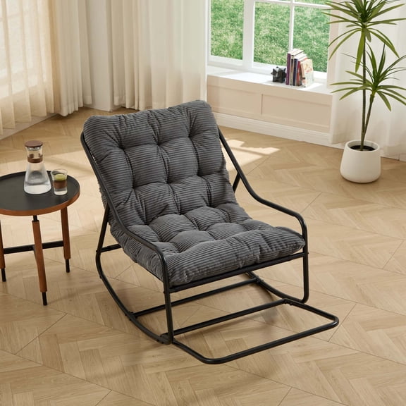 Outdoor Rocking Chair with Thick Cushion, Comfy Steel Frame Patio Rocker, Adjustable Swing for Living Room Reading Room, Black Frame, Gray