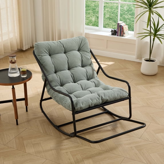 Outdoor Rocking Chair with Thick Cushion, Comfy Steel Frame Patio Rocker, Adjustable Swing for Living Room Reading Room, Black Frame, Light Green