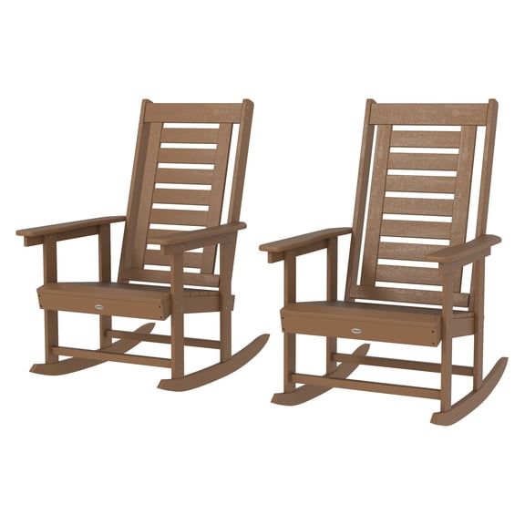 Outdoor Rocking Chairs 2-Pack, HDPE Patio Rockers, 28" High Back, Wide Armrests, Porch/Backyard Rockers - Brown