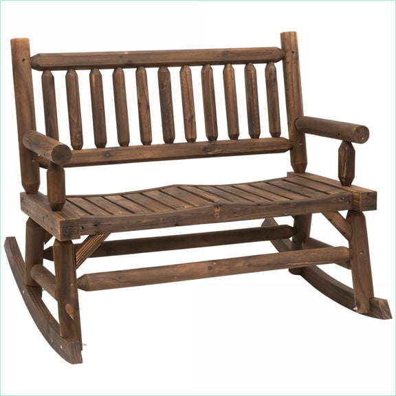 Outdoor Rocking Chairs | 2-Person Farmhouse Solid Wood Log Rocker, Walnut Brown, for Patio Backyard Porch | Wood | Slat Back