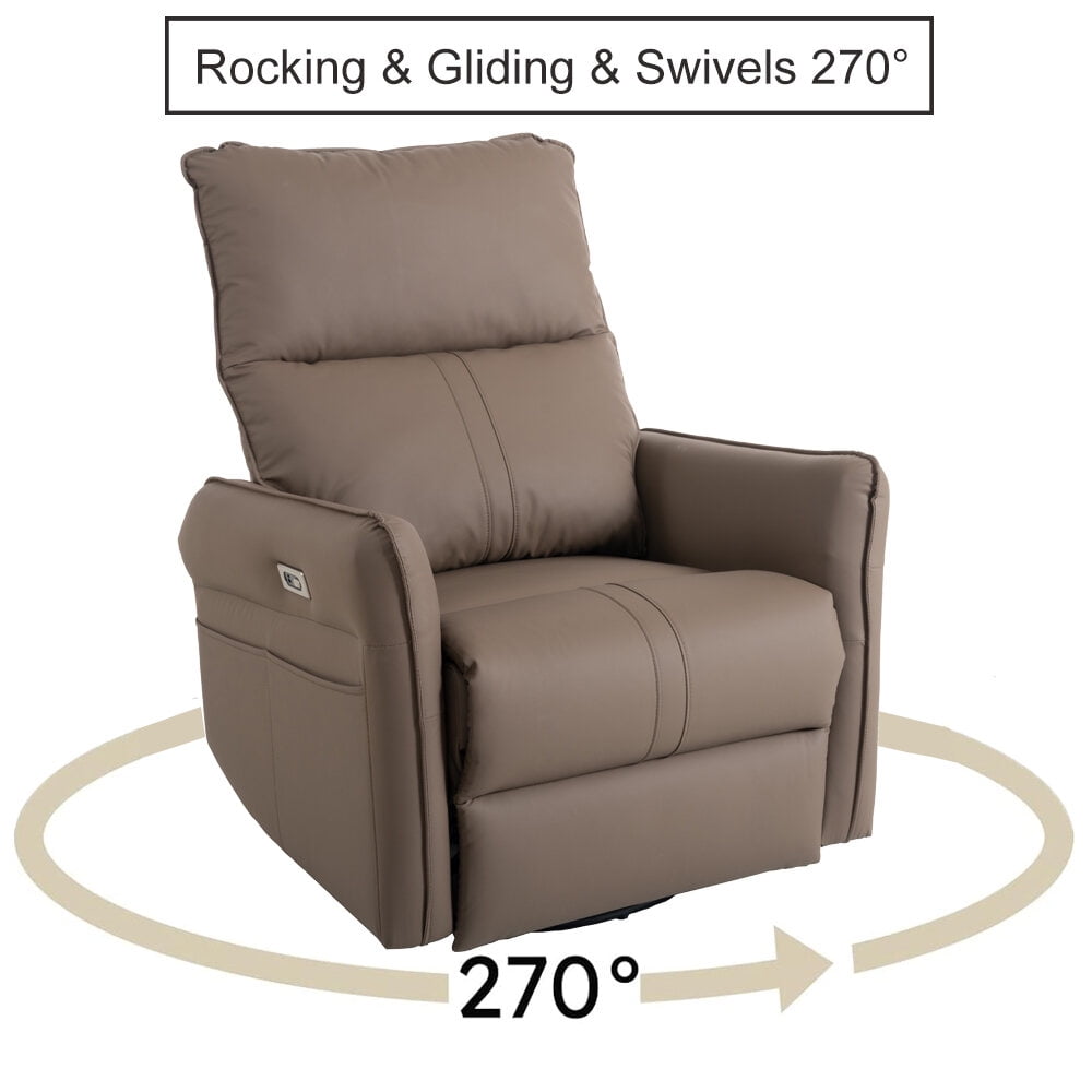 Outdoor Rocking Chairs 270° Power Swivel Rocker Recliner Chair, Electric Glider Reclining Sofa with USB Ports, PU Faux Leather Power Swivel Glider, Rocking Chair,Nursery Recliners for Living Room Bed