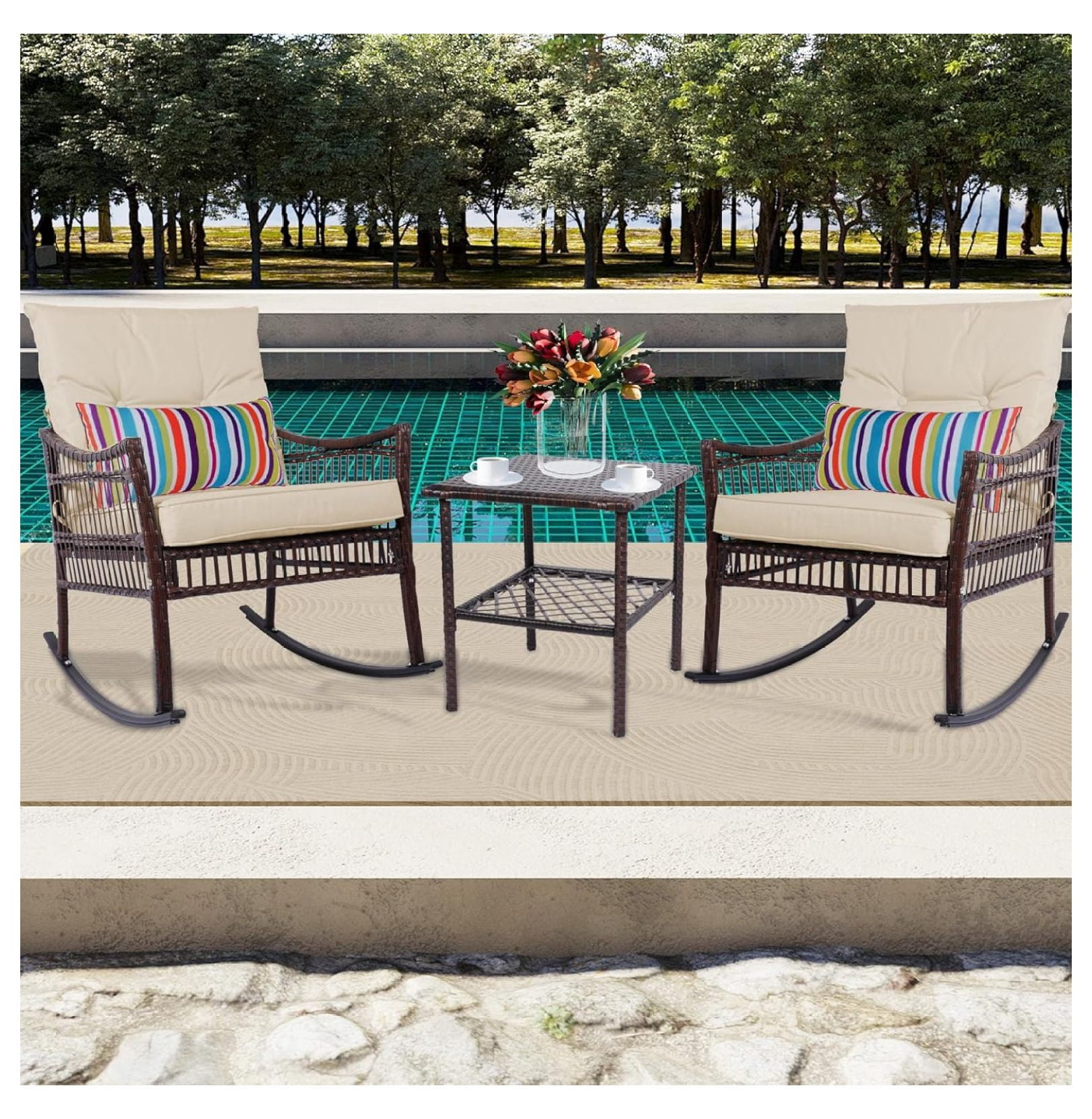 Outdoor Rocking Chairs, 3 Pieces Patio Conversation Set, Wicker Rocking ...
