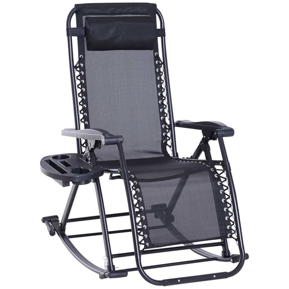 Outdoor Rocking Chairs, Foldable Reclining Zero Gravity Lounge Rocker with Pillow, Cup & Phone Holder, Combo Design with Folding Legs - Black, Steel Frame, 265 lbs Capacity