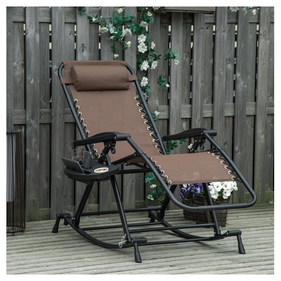 Outdoor Rocking Chairs Foldable Zero Gravity Lounge Chair with Pillow, Cup & Phone Holder, Reclining Patio Rocker, Brown