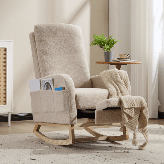 Outdoor Rocking Chairs Modern Accent Rocking Chair Rocking Chair with Solid Wood Legs, Upholstered Nursery Glider Rocker Side Pocket and Footrest, Living Room Lounge Arm Chair with High Backrest (be