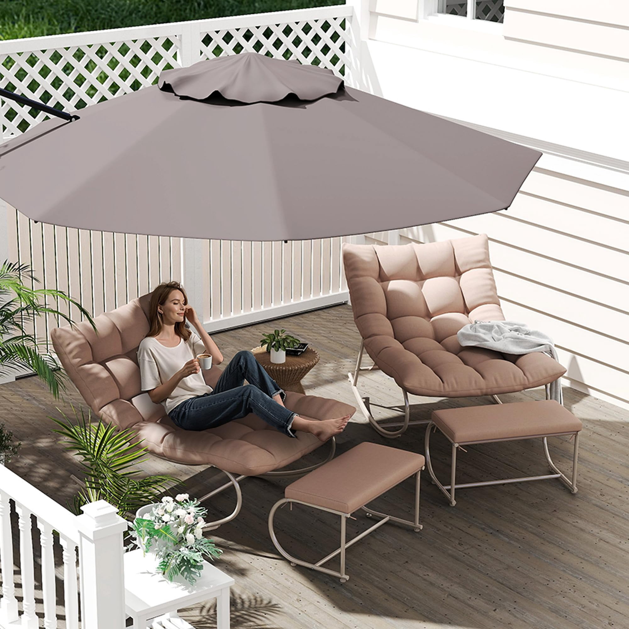 Patiño Resty Outdoor Rocking Chairs Set of 2, Modern Papasan Rocking Chairs with ...