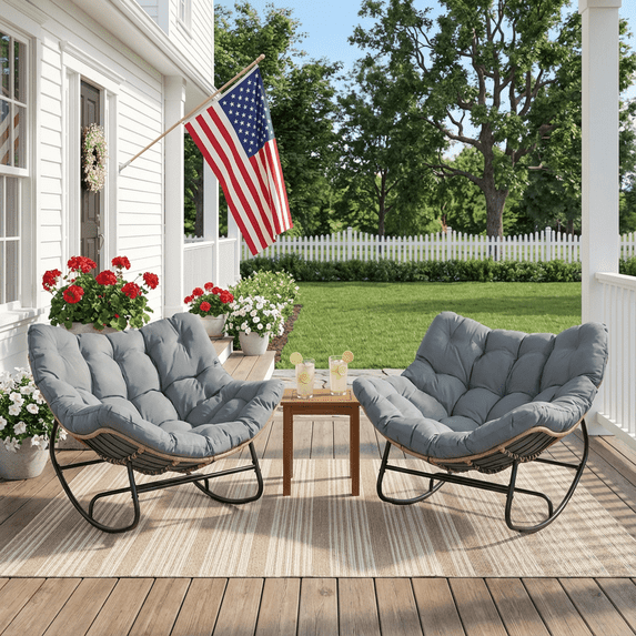 2 Piece Papasan Rocking Chairs – 41”W Oversized Wicker Rocking Chairs ...