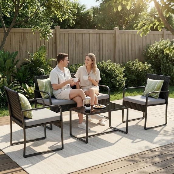 Lofka 4-Piece Outdoor Wicker Patio Furniture Set - All-Weather Rattan Sofa Set with Glass Coffee Table & Waterproof Cushions for Backyard, Porch, Garden, Light Gray Cushion