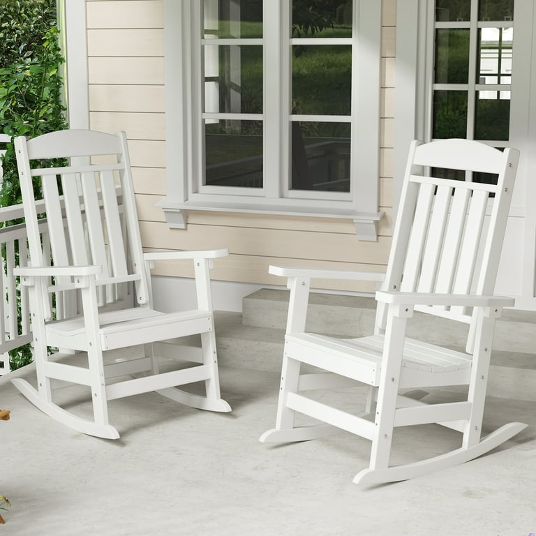 Patio Slat Rocking Chair Set of 2 HDPE Plastic Weather Resistant Porch Rocker White