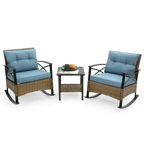Outdoor Rocking Chairs Set of 2 Wicker Rocker Chairs for Porch, 3 Pieces Patio Furniture Rocking Set with Rattan Side Table