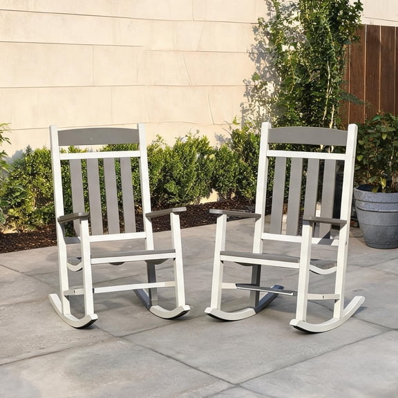 Outdoor Rocking Chairs Set of 2 in Neutral Gray, HDPE Oversized Rockers with Smooth Glide, Porch or Patio Relaxation