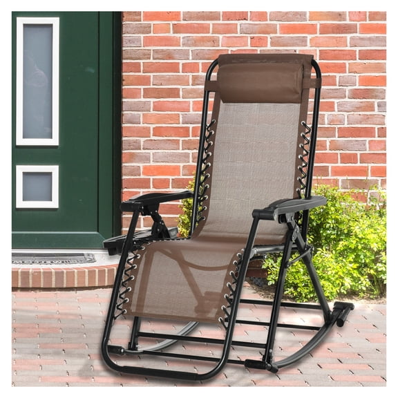 Outdoor Rocking Chairs Zero Gravity - Foldable Reclining Lounge Chair with Pillow, Cup & Phone Holder - Brown Patio Rocker