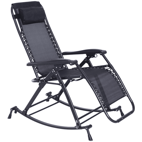 Outdoor Rocking Chairs Zero Gravity - Foldable Reclining Lounge Rocker with Pillow, Cup Holder, Black