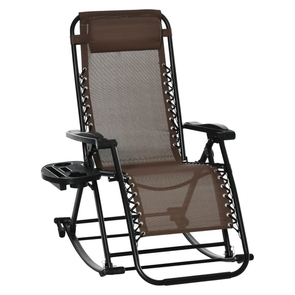 Outdoor Rocking Chairs Zero Gravity - Foldable Reclining Lounge Rocker with Pillow & Cup Holder - Brown Patio Chair - Camping Rocker