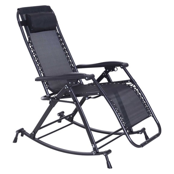 Outdoor Rocking Chair Zero Gravity Reclining Lounge - Foldable, Black, with Cup & Phone Holder