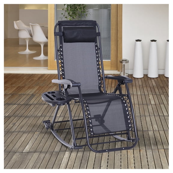 Outdoor Rocking Chairs Zero Gravity - Foldable Reclining Lounge Rocker with Pillow, Cup Holder & Phone Slot - Black