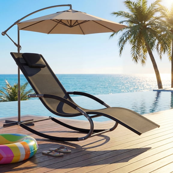 Outdoor Rocking Lounge Chair with Detachable Pillow, Ergonomic Patio Recliner, All-Weather Breathable Textilene Fabric, Non-Slip Base, 300LB Capacity for Pool Lawn Porch Garden-1PCS