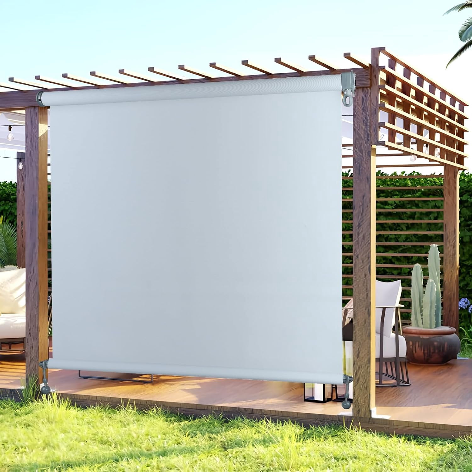 Outdoor Roller Shade for Exterior Window Privacy Screen with Wand