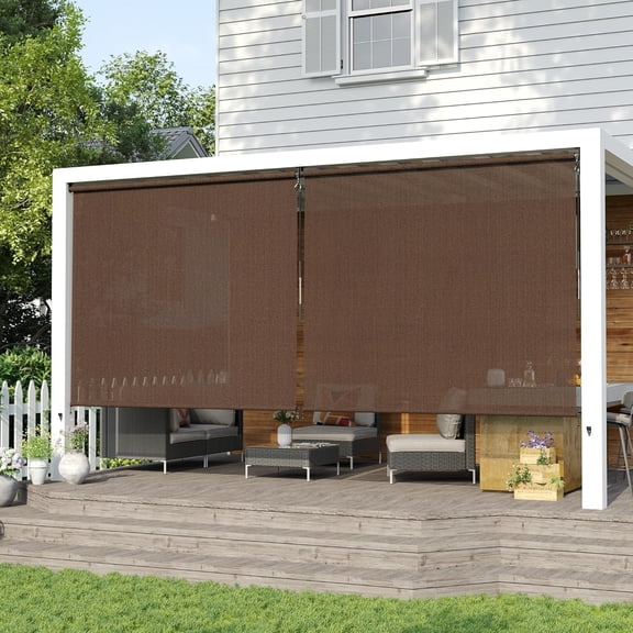 Outdoor Roller Shades (5' W X 6' L), Exterior Cordless Patio Blinds with Wand Roller Shade Cloth for Porch Balcony Backyard Gazebo, Mocha