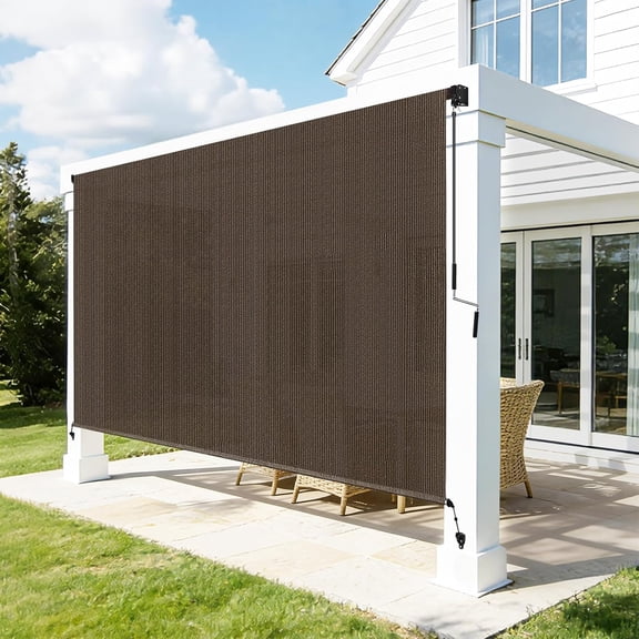 Outdoor Roller Shades for Patio, 8' W x H Cordless Patio Roll Up Blinds with Splicing Design, 90% UV Protection Porch Gazebo Pergola, 2 Poles & 1 Fabric, Mocha